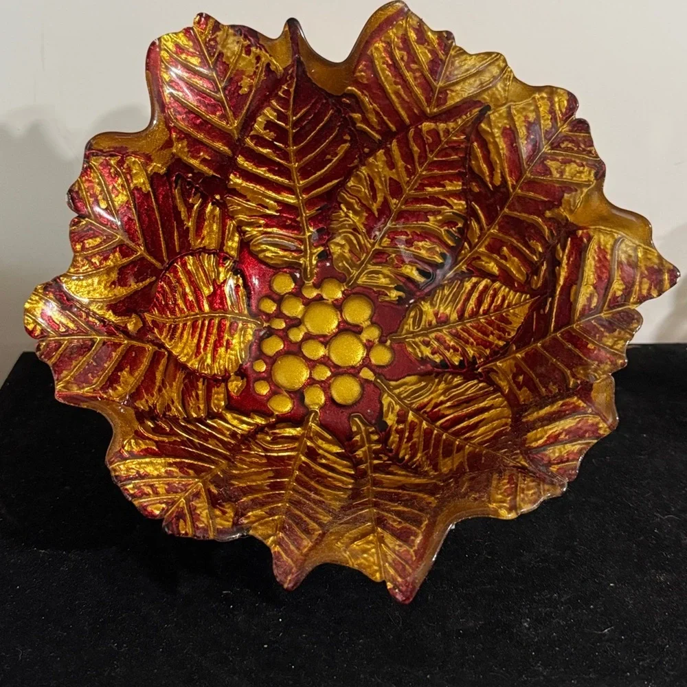 Vintage Autumn Red and Gold Leaf-Shaped Decorative Bowl